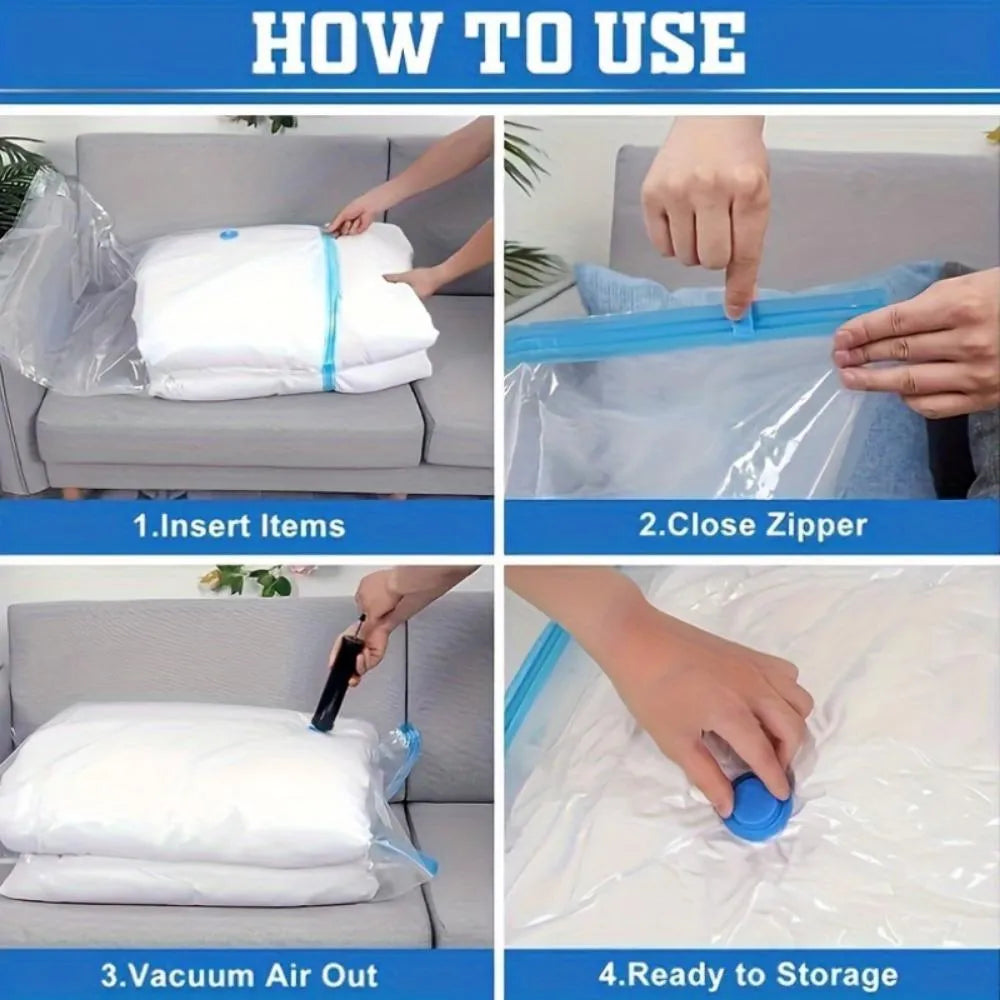 Vacuum Storage Bags with Hand Pump Reusable Compression Organizer Bags for Clothing, Blankets & Food Storage.