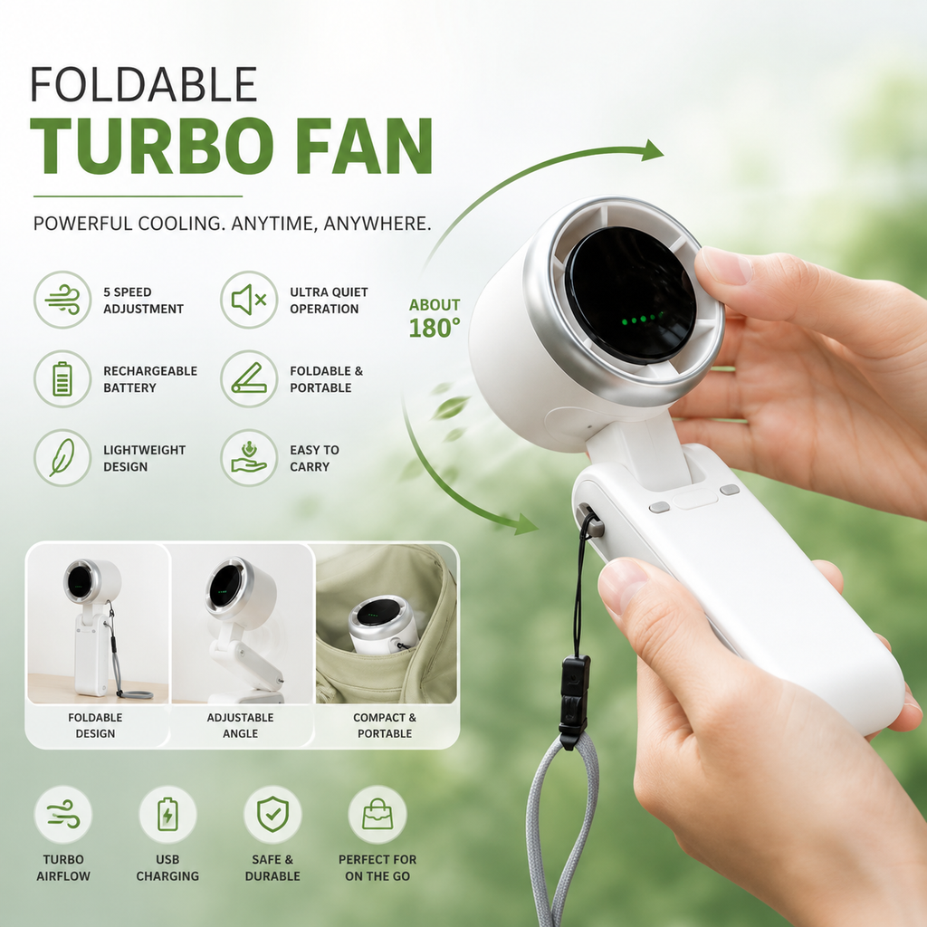 Handheld Folding Turbo Fan Portable Rechargeable Mini Fan with 5-Speed Adjustable Cooling