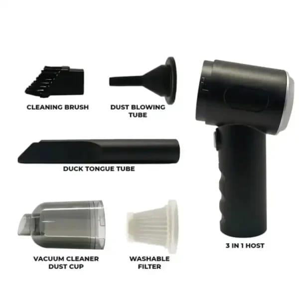 Portable 3-in-1 Car Vacuum Cleaner Wireless Handheld Vacuum, Air Blower & Inflator (Black ABS)