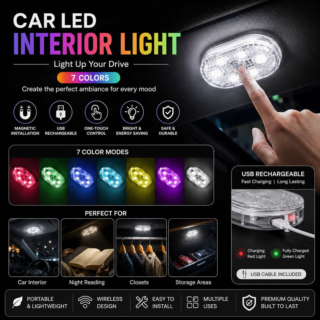 Car LED Interior Lights  USB Rechargeable Magnetic Ambient Light with 7 Color Modes (Random Color)
