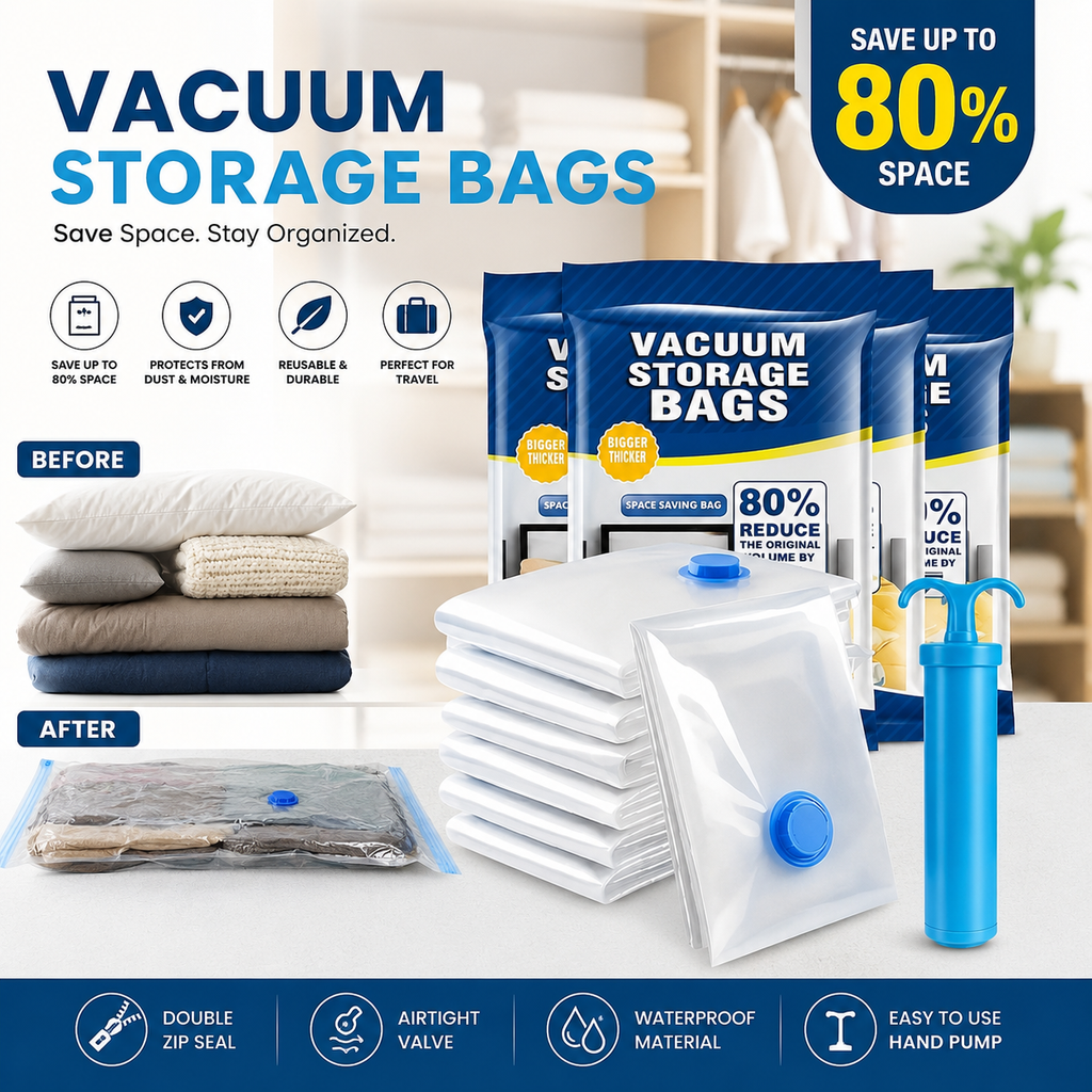 Vacuum Storage Bags with Hand Pump Reusable Compression Organizer Bags for Clothing, Blankets & Food Storage.