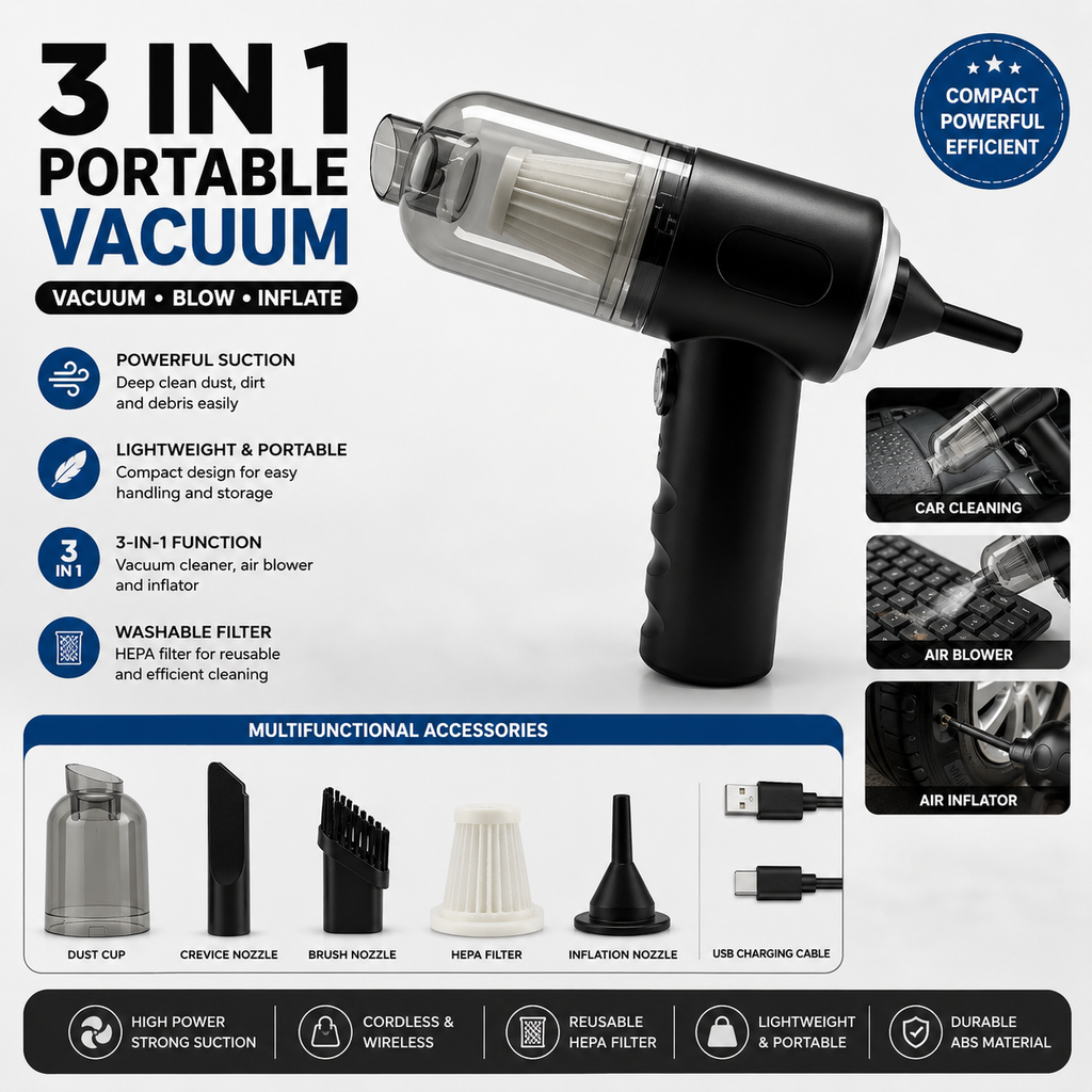 Portable 3-in-1 Car Vacuum Cleaner Wireless Handheld Vacuum, Air Blower & Inflator (Black ABS)
