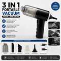 Portable 3-in-1 Car Vacuum Cleaner Wireless Handheld Vacuum, Air Blower & Inflator (Black ABS)