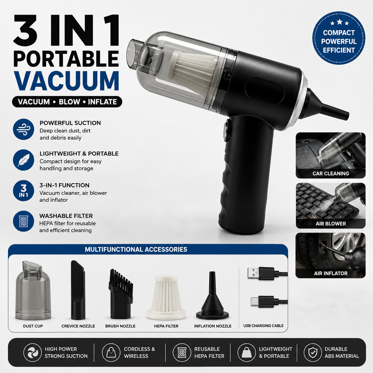 Portable 3-in-1 Car Vacuum Cleaner Wireless Handheld Vacuum, Air Blower & Inflator (Black ABS)