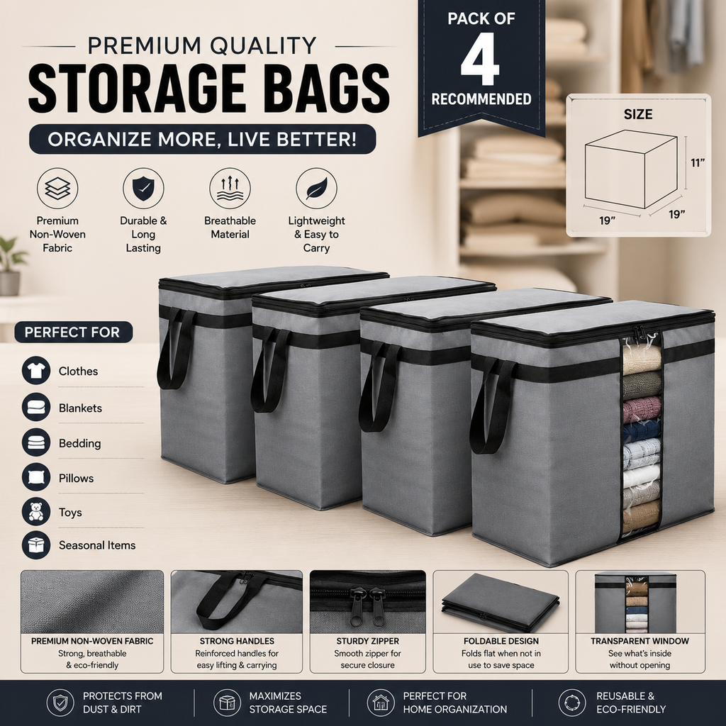 Pack of 4 Premium Quality Non-Woven Storage Bags Foldable Clothes Organizer (19 × 19 × 11 Inches) – Gray & Black
