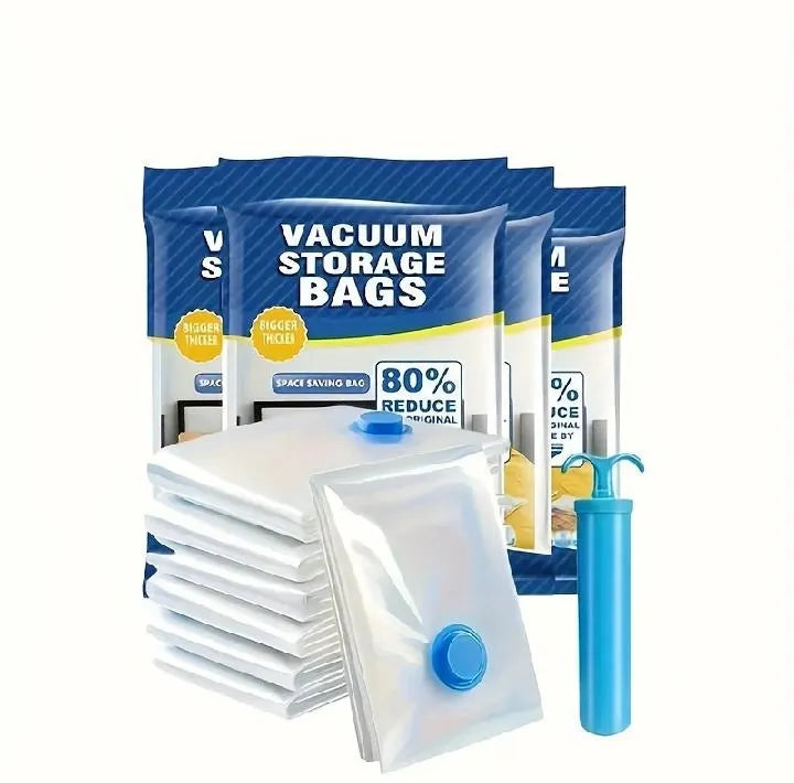 Vacuum Storage Bags with Hand Pump Reusable Compression Organizer Bags for Clothing, Blankets & Food Storage.